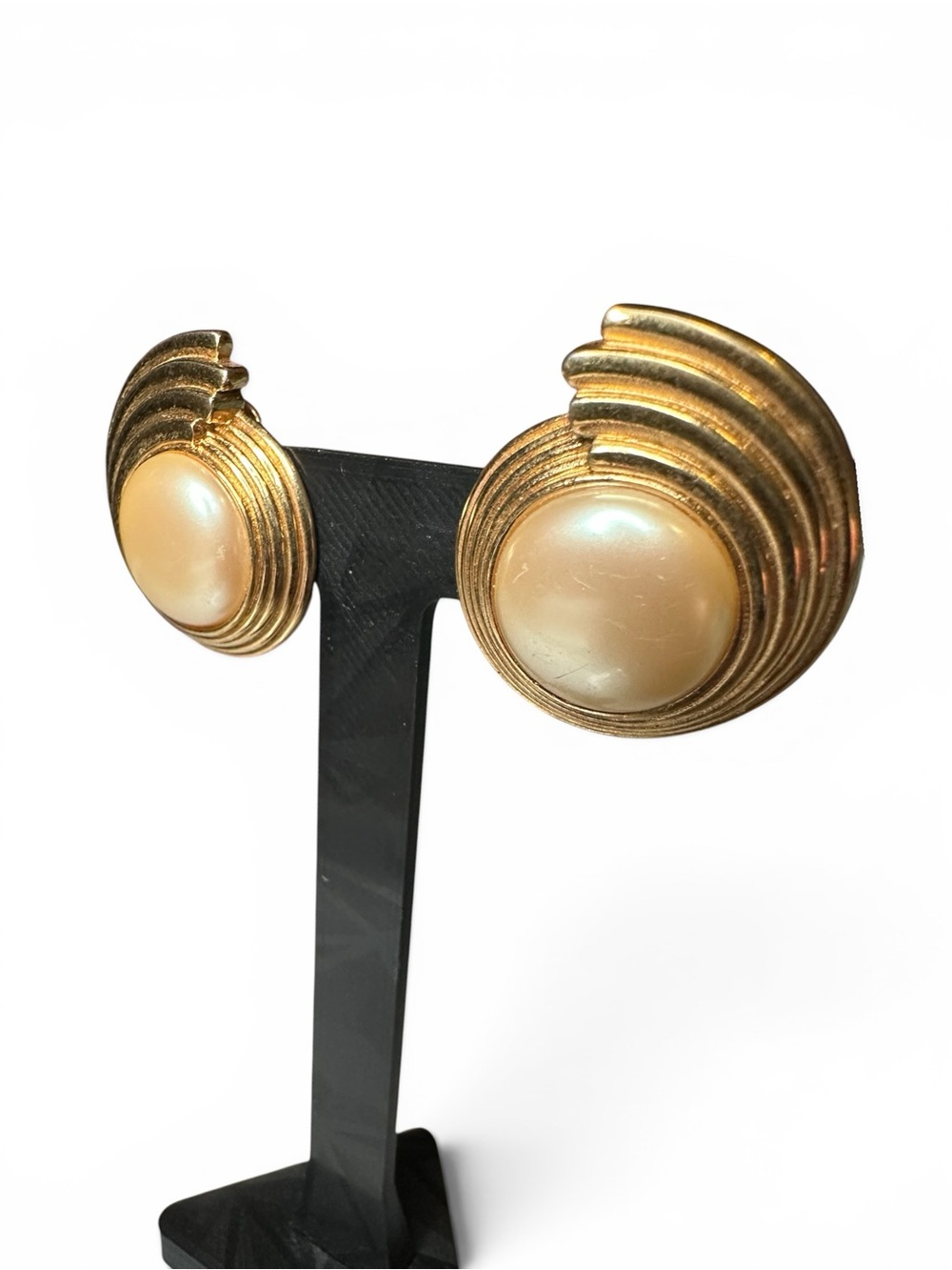 Vintage Monet Gold Plated Faux Pearl Swirl Clip On Earrings